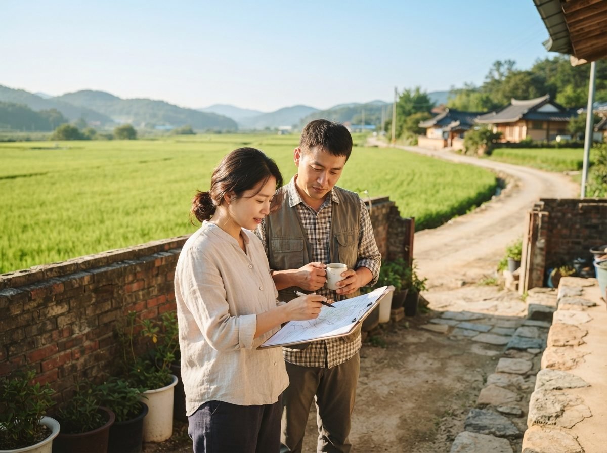 귀농 정착 및 지원금 30대 부부가 시골 논밭이 내려다보이는 작은 마당에 서서 귀농 관련 서류를 함께 들여다보는 모습, 맑은 오전 햇살이 비치는 따뜻한 분위기, 배경에 초록빛 논과 흙길이 보이는 실사 사진
