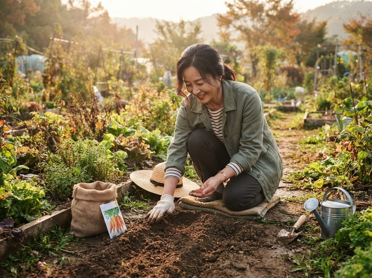 가을 당근 파종 시기 재배 방법 한국 가을 텃밭에서 40대 여성이 무릎을 꿇고 앉아 손으로 흙을 고르며 당근 씨앗을 파종하는 장면, 이른 아침 부드러운 햇살이 텃밭에 내려앉은 분위기, 주변에 흙 포대와 작은 씨앗 봉지가 보이는 실사 사진