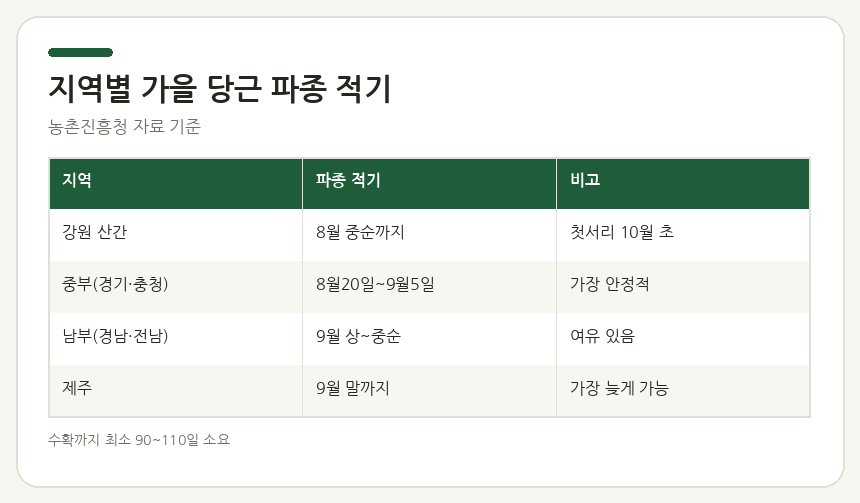 가을 당근 파종 시기 재배 방법 지역별 가을 당근 파종 시기 안내표 — 중부·남부·제주·강원 4개 구분, 파종 적기 날짜와 수확 예상 시기 정리