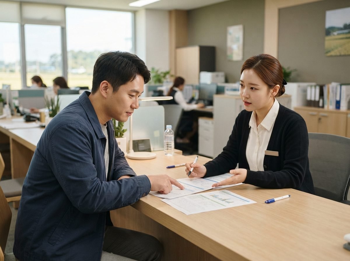 귀농 정착 및 지원금 30대 남성이 한국농어촌공사 지역 지사 민원 창구에서 직원과 마주 앉아 귀농 융자 서류를 살펴보는 모습, 밝고 깔끔한 실내 조명, 진지하고 차분한 분위기, 실사 사진