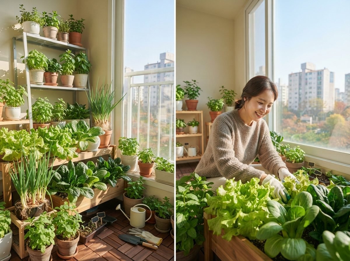 여름 베란다 텃밭 추천 작물 7가지 상추·시금치·청경채·쪽파 등이 화분에 자라고 있는 가을 베란다 텃밭 전경. 햇살이 들어오는 밝은 분위기의 실사 사진