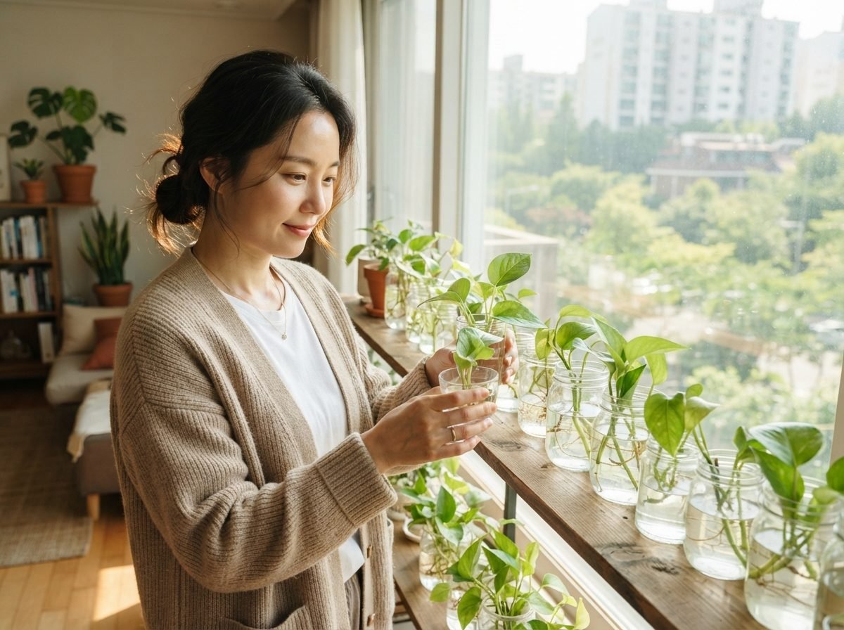 포토스 번식 방법, 물꽂이 한 달 성공 후기 30대 여성이 아파트 거실 창가 선반에 포토스 물꽂이 컵들을 줄지어 놓고 줄기 상태를 살펴보는 모습, 오전 자연광이 부드럽게 들어오는 밝은 실내, 따뜻하고 생활감 있는 분위기, 실사 사진