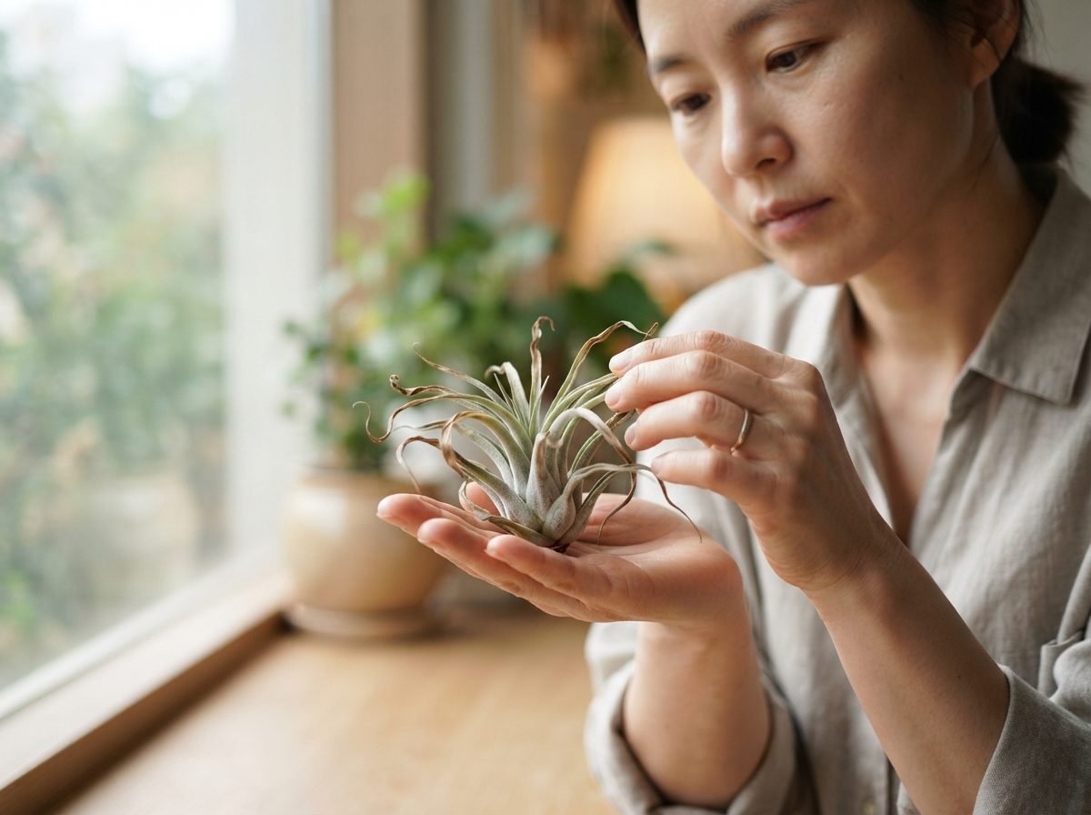틸란드시아 공중식물 키우기, 물·햇빛 관리법 실제로 잎 끝이 갈변한 틸란드시아를 손바닥 위에 올려 가까이서 살펴보는 모습, 창가의 부드러운 자연광, 건조로 인해 오그라든 잎의 질감이 선명하게 보이는 분위기, 실사 사진