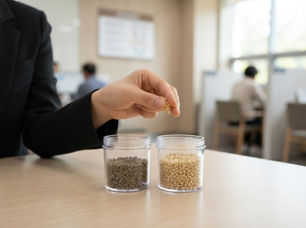 화분 배수층 만드는 법, 마사토 vs 난석 비교 마사토와 난석을 각각 작은 플라스틱 통에 담아 나란히 놓고 비교한 모습, 크기와 색감 차이가 잘 보이도록 자연광 아래에서 촬영, 손바닥 위에 올려놓아 알갱이 크기를 가늠할 수 있는 장면, 실사 사진